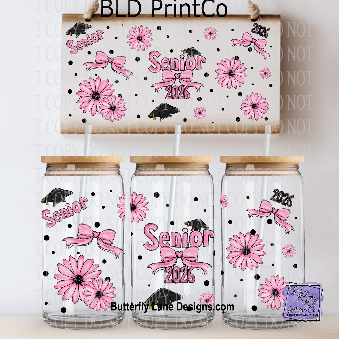 Retro Senior 2026 Pink | Coquette Bow & Floral Libbey Wrap | L982