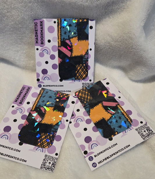 Holographic Magnetic Bookmark : Fun patchwork, slightly spooky cute vibe BM 1