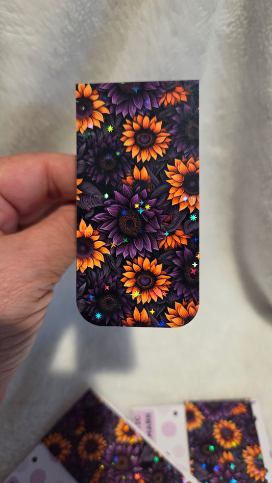 Autumn Night Holographic Magnetic Bookmark | Purple & Orange Sunflowers - BM2