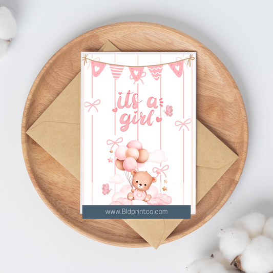 It's a girl- Baby shower: Watercolor Baby Girl Bear Card | C43