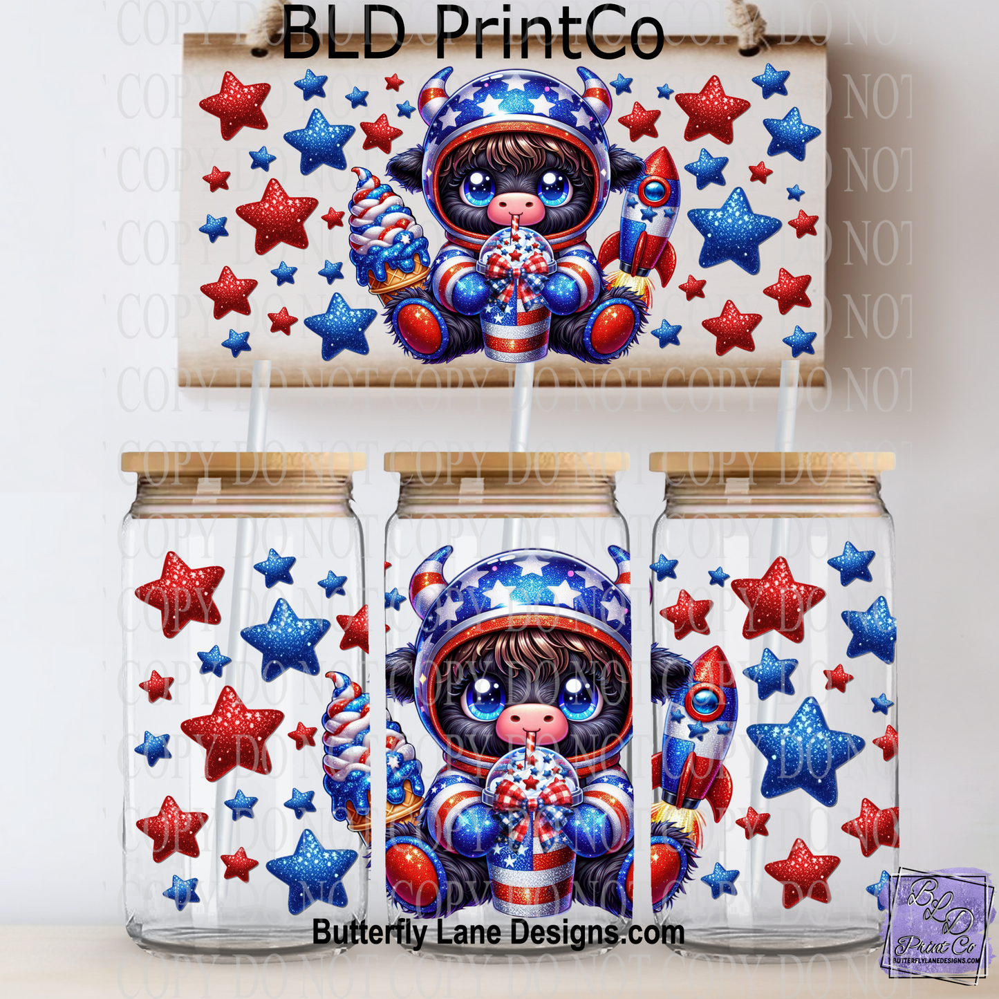 L416 Red white and blue Highland cow