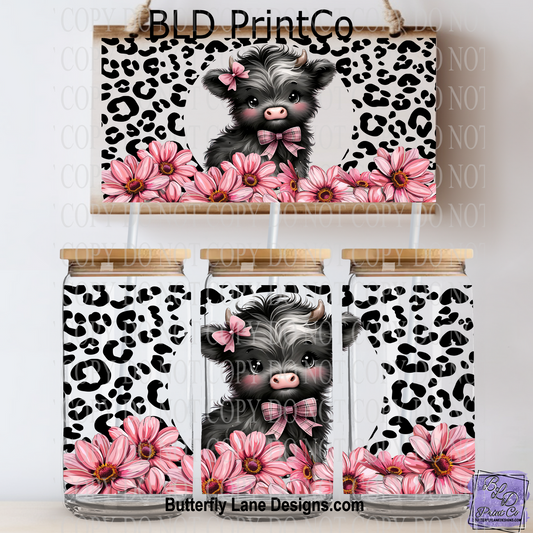L433 Cheetah Print- baby highland cow with pink florals