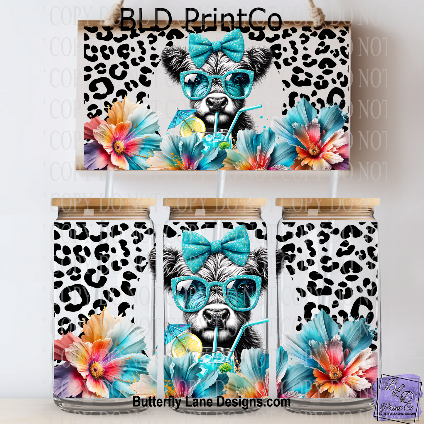 L459 Cow Print Summer Drinks-Turquoise