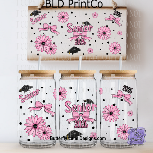 Retro Senior 2026 Pink | Coquette Bow & Floral Libbey Wrap | L982