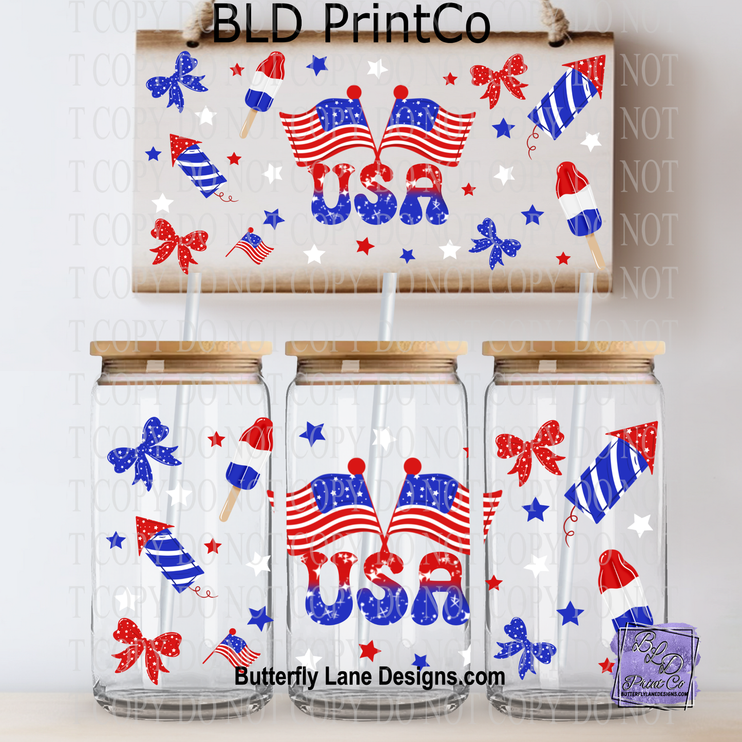 USA Red White & Blue | Hand drawn Flags, Popsicles & Bows | L988
